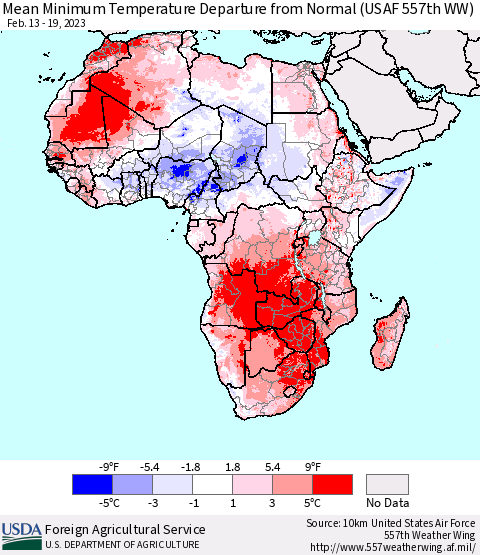 Africa Mean Minimum Temperature Departure from Normal (USAF 557th WW) Thematic Map For 2/13/2023 - 2/19/2023