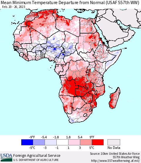 Africa Mean Minimum Temperature Departure from Normal (USAF 557th WW) Thematic Map For 2/20/2023 - 2/26/2023