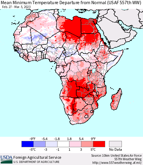 Africa Mean Minimum Temperature Departure from Normal (USAF 557th WW) Thematic Map For 2/27/2023 - 3/5/2023