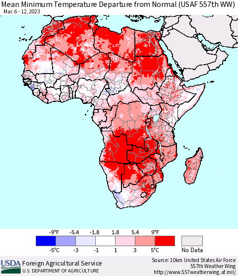 Africa Mean Minimum Temperature Departure from Normal (USAF 557th WW) Thematic Map For 3/6/2023 - 3/12/2023