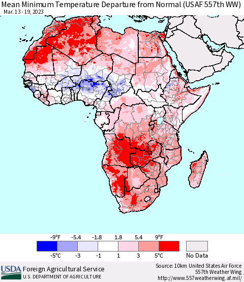 Africa Mean Minimum Temperature Departure from Normal (USAF 557th WW) Thematic Map For 3/13/2023 - 3/19/2023