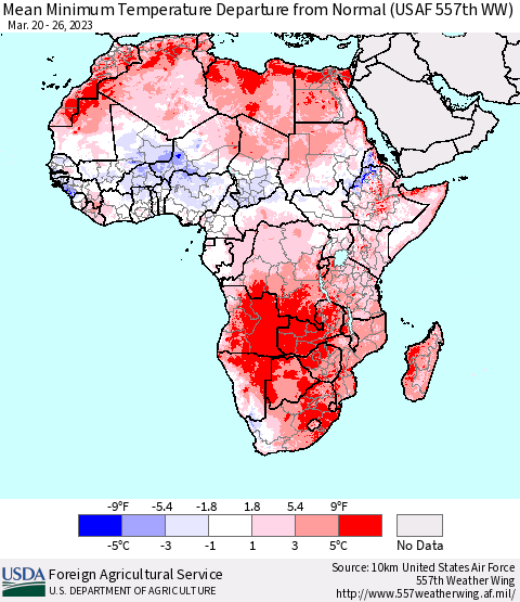 Africa Mean Minimum Temperature Departure from Normal (USAF 557th WW) Thematic Map For 3/20/2023 - 3/26/2023