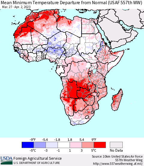 Africa Mean Minimum Temperature Departure from Normal (USAF 557th WW) Thematic Map For 3/27/2023 - 4/2/2023