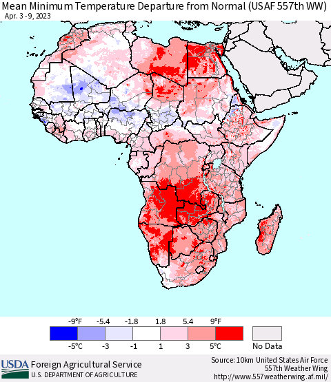 Africa Mean Minimum Temperature Departure from Normal (USAF 557th WW) Thematic Map For 4/3/2023 - 4/9/2023