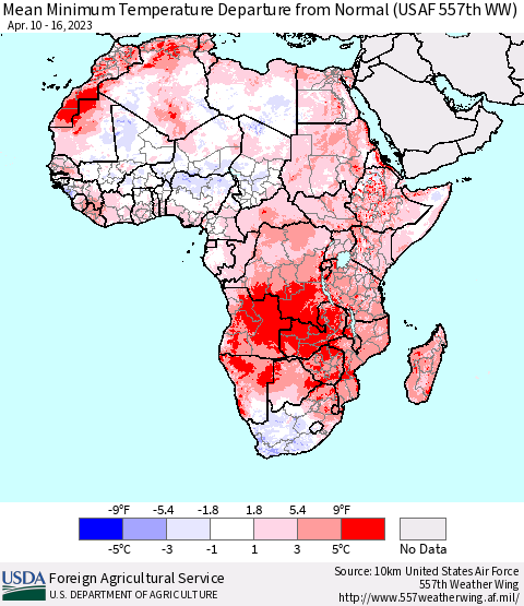 Africa Mean Minimum Temperature Departure from Normal (USAF 557th WW) Thematic Map For 4/10/2023 - 4/16/2023