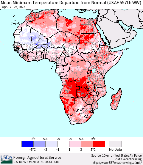 Africa Mean Minimum Temperature Departure from Normal (USAF 557th WW) Thematic Map For 4/17/2023 - 4/23/2023