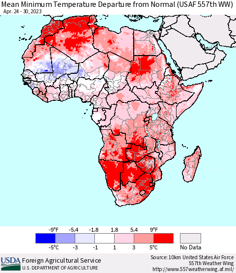 Africa Mean Minimum Temperature Departure from Normal (USAF 557th WW) Thematic Map For 4/24/2023 - 4/30/2023