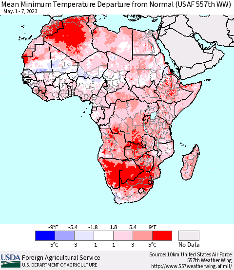 Africa Mean Minimum Temperature Departure from Normal (USAF 557th WW) Thematic Map For 5/1/2023 - 5/7/2023