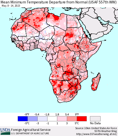 Africa Mean Minimum Temperature Departure from Normal (USAF 557th WW) Thematic Map For 5/8/2023 - 5/14/2023