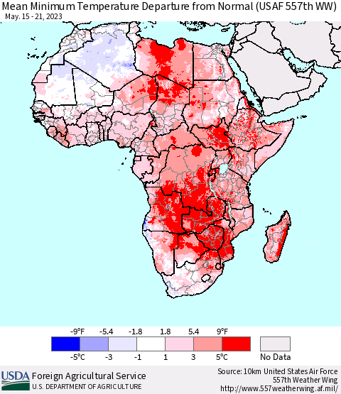 Africa Mean Minimum Temperature Departure from Normal (USAF 557th WW) Thematic Map For 5/15/2023 - 5/21/2023