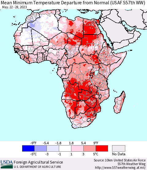 Africa Mean Minimum Temperature Departure from Normal (USAF 557th WW) Thematic Map For 5/22/2023 - 5/28/2023