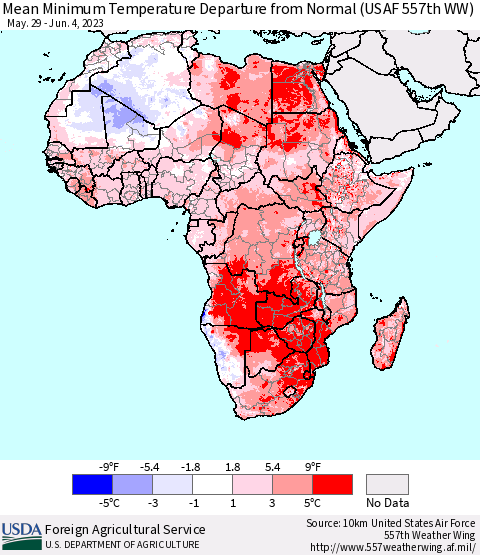 Africa Mean Minimum Temperature Departure from Normal (USAF 557th WW) Thematic Map For 5/29/2023 - 6/4/2023