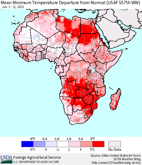 Africa Mean Minimum Temperature Departure from Normal (USAF 557th WW) Thematic Map For 6/5/2023 - 6/11/2023