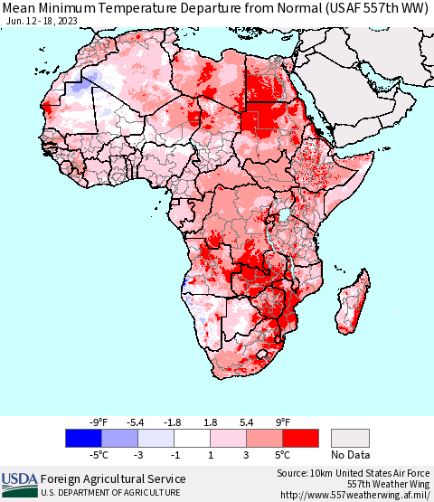 Africa Mean Minimum Temperature Departure from Normal (USAF 557th WW) Thematic Map For 6/12/2023 - 6/18/2023