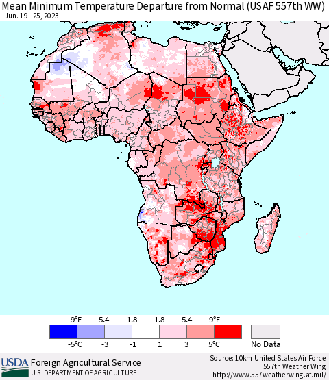 Africa Mean Minimum Temperature Departure from Normal (USAF 557th WW) Thematic Map For 6/19/2023 - 6/25/2023