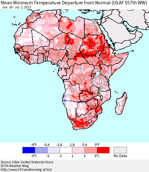 Africa Mean Minimum Temperature Departure from Normal (USAF 557th WW) Thematic Map For 6/26/2023 - 7/2/2023
