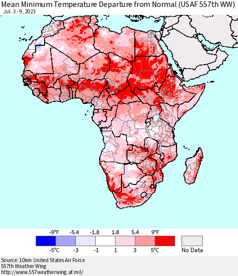 Africa Mean Minimum Temperature Departure from Normal (USAF 557th WW) Thematic Map For 7/3/2023 - 7/9/2023