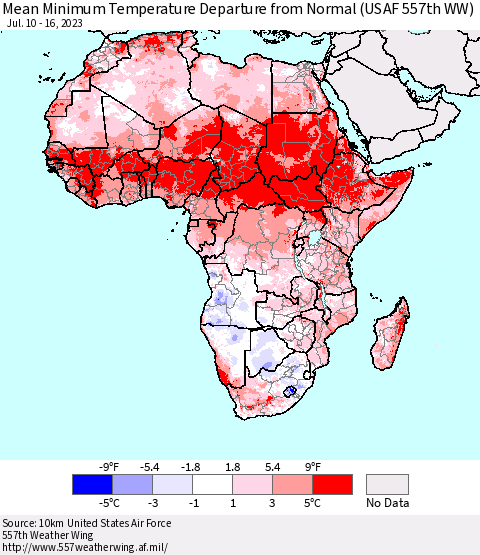 Africa Mean Minimum Temperature Departure from Normal (USAF 557th WW) Thematic Map For 7/10/2023 - 7/16/2023