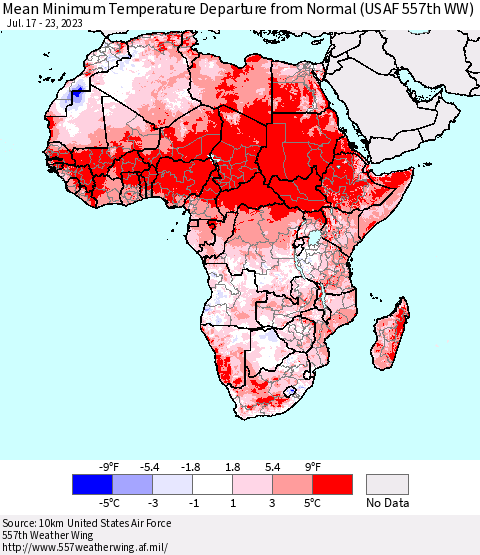 Africa Mean Minimum Temperature Departure from Normal (USAF 557th WW) Thematic Map For 7/17/2023 - 7/23/2023