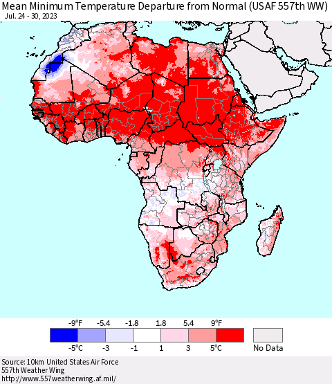 Africa Mean Minimum Temperature Departure from Normal (USAF 557th WW) Thematic Map For 7/24/2023 - 7/30/2023