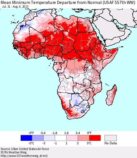Africa Mean Minimum Temperature Departure from Normal (USAF 557th WW) Thematic Map For 7/31/2023 - 8/6/2023