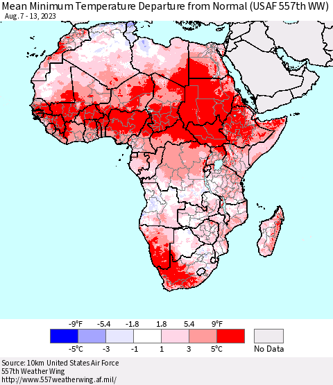 Africa Mean Minimum Temperature Departure from Normal (USAF 557th WW) Thematic Map For 8/7/2023 - 8/13/2023
