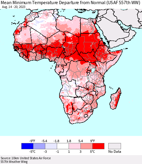 Africa Mean Minimum Temperature Departure from Normal (USAF 557th WW) Thematic Map For 8/14/2023 - 8/20/2023