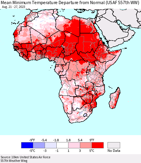 Africa Mean Minimum Temperature Departure from Normal (USAF 557th WW) Thematic Map For 8/21/2023 - 8/27/2023