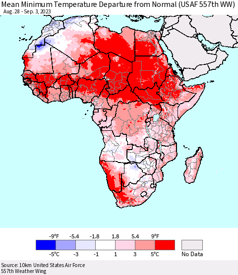 Africa Mean Minimum Temperature Departure from Normal (USAF 557th WW) Thematic Map For 8/28/2023 - 9/3/2023