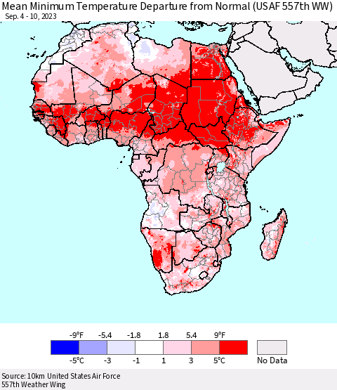 Africa Mean Minimum Temperature Departure from Normal (USAF 557th WW) Thematic Map For 9/4/2023 - 9/10/2023