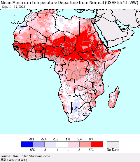 Africa Mean Minimum Temperature Departure from Normal (USAF 557th WW) Thematic Map For 9/11/2023 - 9/17/2023