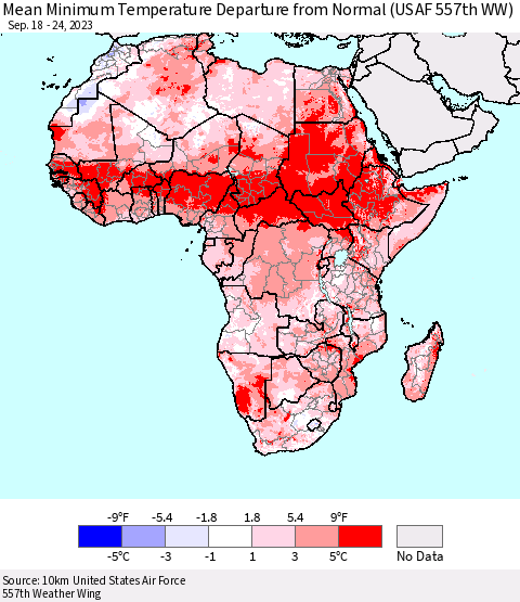 Africa Mean Minimum Temperature Departure from Normal (USAF 557th WW) Thematic Map For 9/18/2023 - 9/24/2023