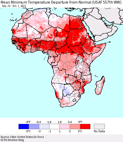 Africa Mean Minimum Temperature Departure from Normal (USAF 557th WW) Thematic Map For 9/25/2023 - 10/1/2023