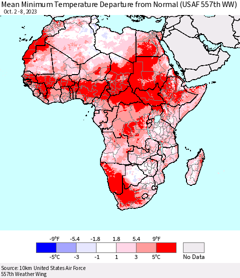 Africa Mean Minimum Temperature Departure from Normal (USAF 557th WW) Thematic Map For 10/2/2023 - 10/8/2023