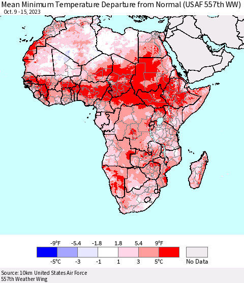 Africa Mean Minimum Temperature Departure from Normal (USAF 557th WW) Thematic Map For 10/9/2023 - 10/15/2023