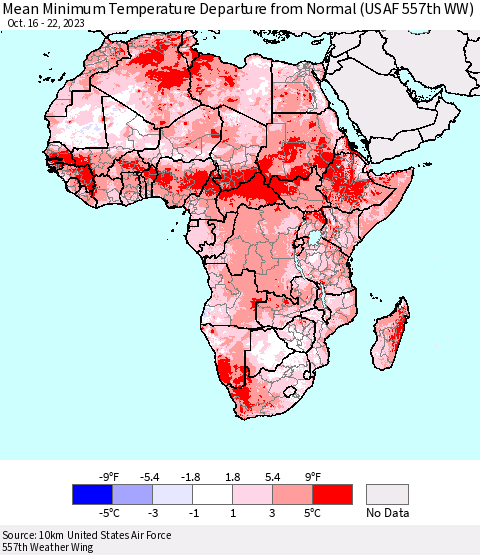 Africa Mean Minimum Temperature Departure from Normal (USAF 557th WW) Thematic Map For 10/16/2023 - 10/22/2023