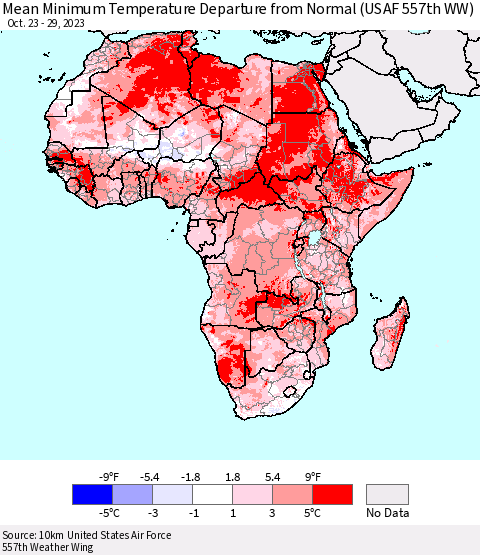 Africa Mean Minimum Temperature Departure from Normal (USAF 557th WW) Thematic Map For 10/23/2023 - 10/29/2023