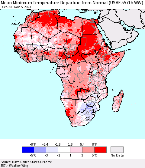 Africa Mean Minimum Temperature Departure from Normal (USAF 557th WW) Thematic Map For 10/30/2023 - 11/5/2023