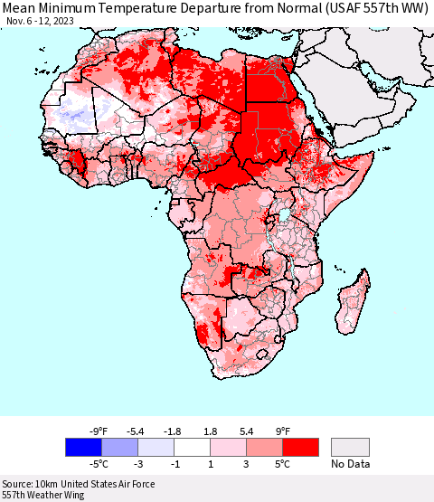 Africa Mean Minimum Temperature Departure from Normal (USAF 557th WW) Thematic Map For 11/6/2023 - 11/12/2023