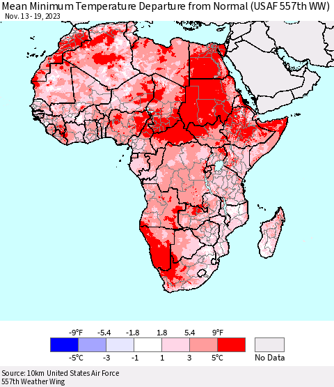 Africa Mean Minimum Temperature Departure from Normal (USAF 557th WW) Thematic Map For 11/13/2023 - 11/19/2023