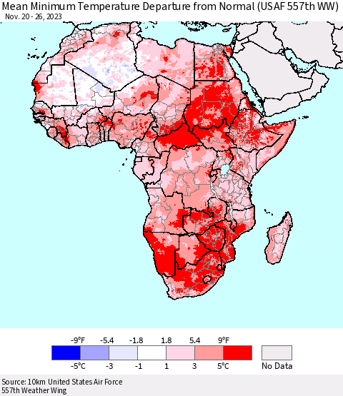 Africa Mean Minimum Temperature Departure from Normal (USAF 557th WW) Thematic Map For 11/20/2023 - 11/26/2023