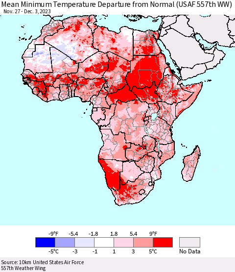 Africa Mean Minimum Temperature Departure from Normal (USAF 557th WW) Thematic Map For 11/27/2023 - 12/3/2023