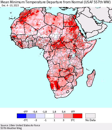 Africa Mean Minimum Temperature Departure from Normal (USAF 557th WW) Thematic Map For 12/4/2023 - 12/10/2023