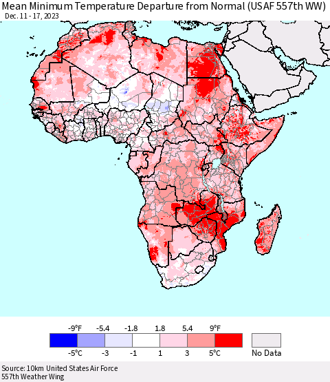 Africa Mean Minimum Temperature Departure from Normal (USAF 557th WW) Thematic Map For 12/11/2023 - 12/17/2023