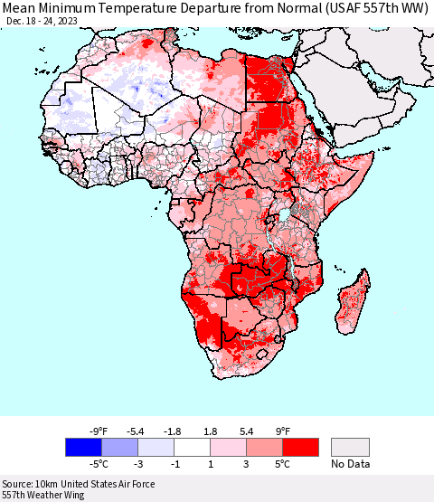Africa Mean Minimum Temperature Departure from Normal (USAF 557th WW) Thematic Map For 12/18/2023 - 12/24/2023