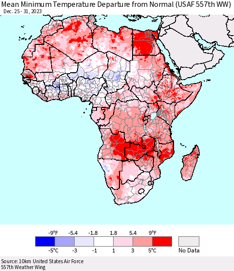 Africa Mean Minimum Temperature Departure from Normal (USAF 557th WW) Thematic Map For 12/25/2023 - 12/31/2023