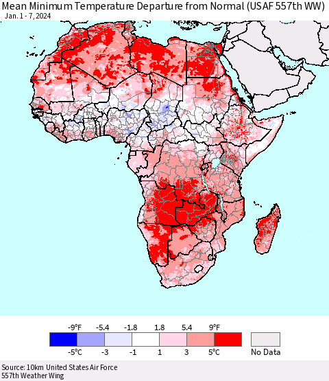 Africa Mean Minimum Temperature Departure from Normal (USAF 557th WW) Thematic Map For 1/1/2024 - 1/7/2024