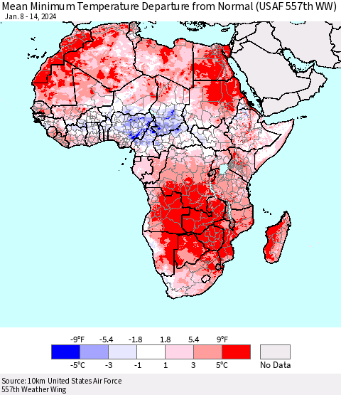 Africa Mean Minimum Temperature Departure from Normal (USAF 557th WW) Thematic Map For 1/8/2024 - 1/14/2024