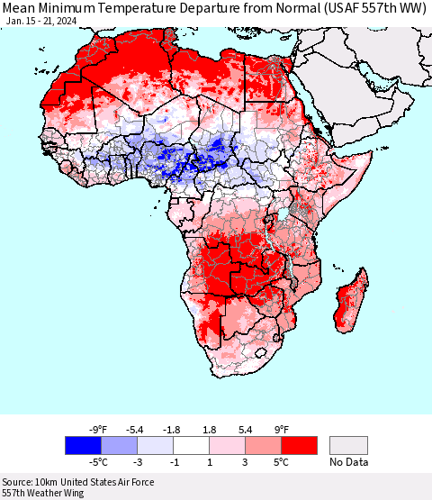 Africa Mean Minimum Temperature Departure from Normal (USAF 557th WW) Thematic Map For 1/15/2024 - 1/21/2024