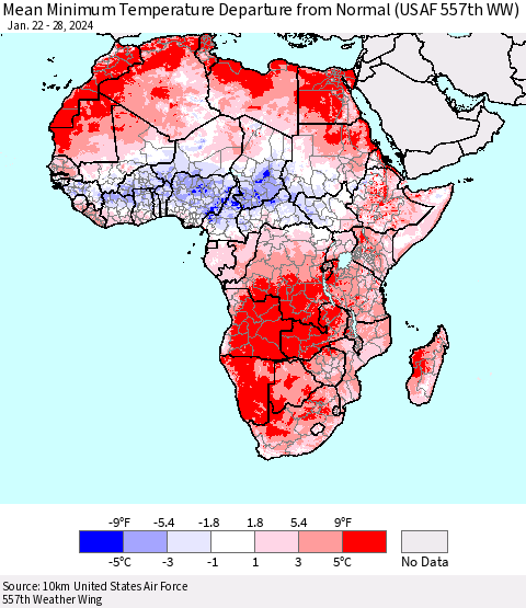 Africa Mean Minimum Temperature Departure from Normal (USAF 557th WW) Thematic Map For 1/22/2024 - 1/28/2024